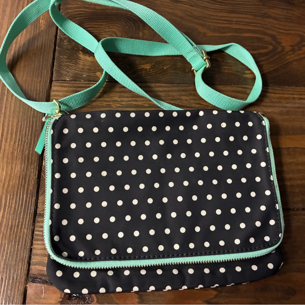 Clearance Fossil Black and White Polka Dot Crossbody with Teal Trim and Strap